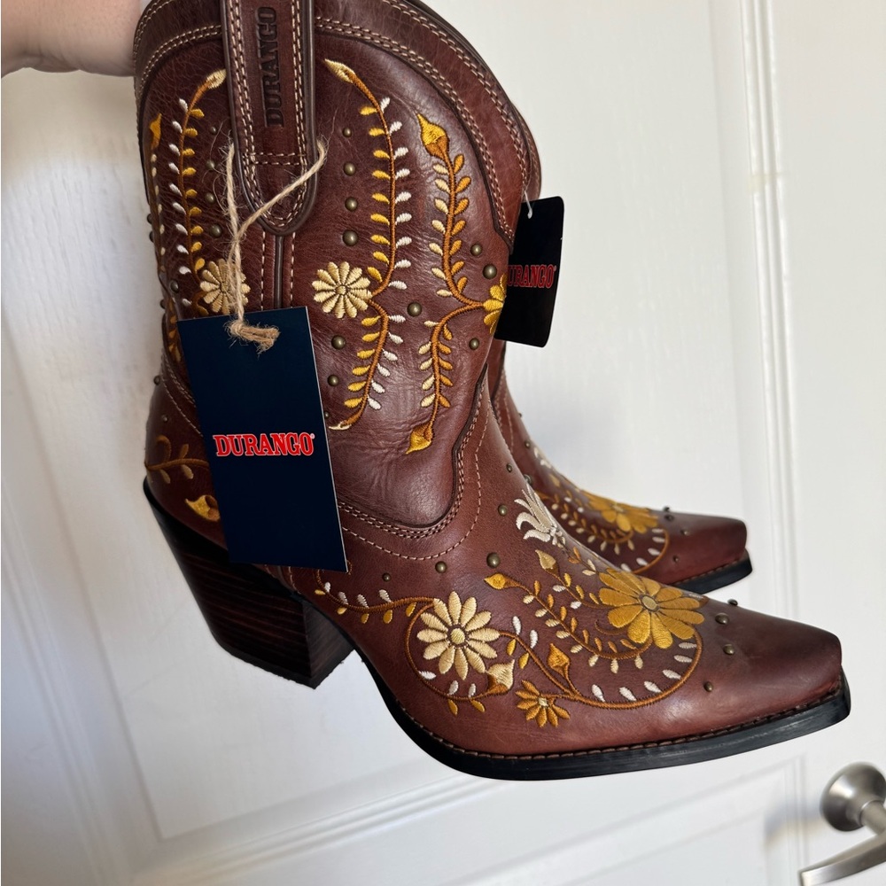 Durango Brown Leather Western Floral Embroidered Boots